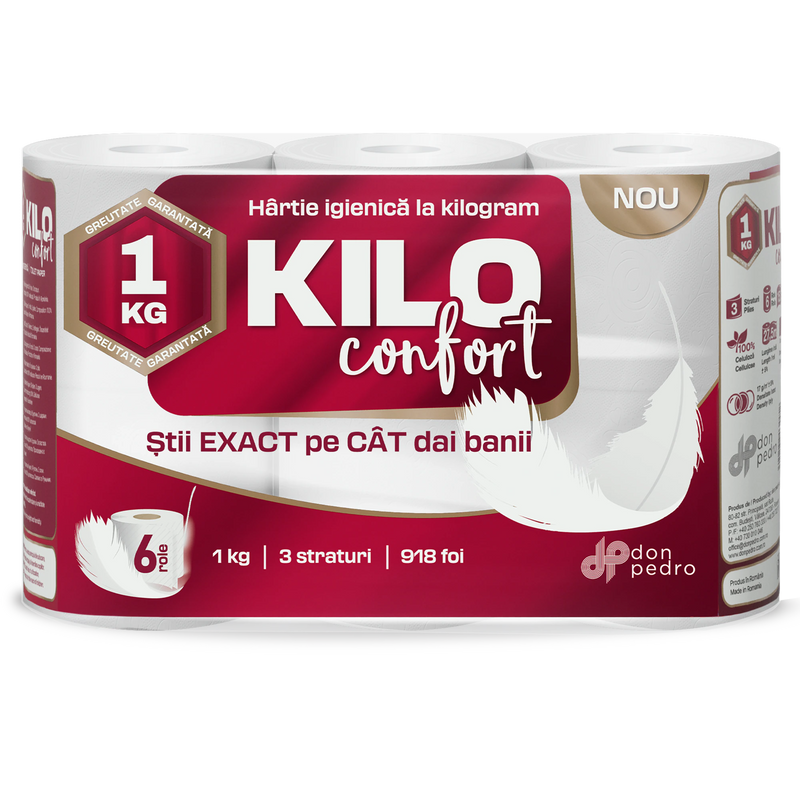 KILO Confort hartie igienica - 6 role - 3 straturi - 918 foi/pachet - 1kg