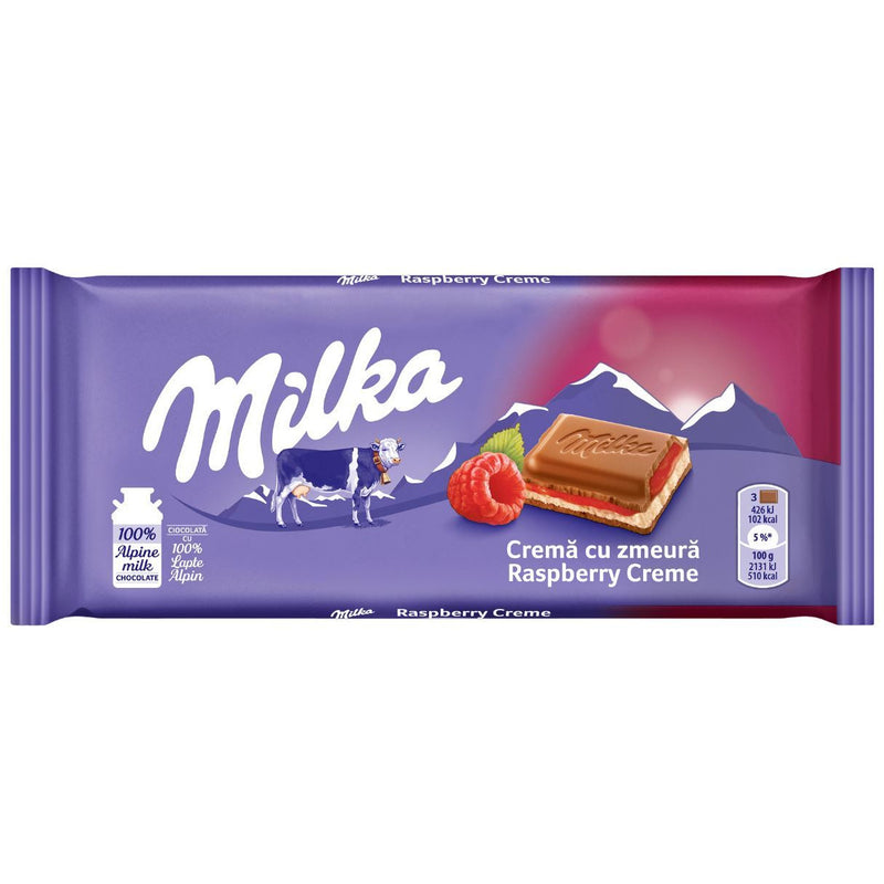 Milka ciocolata cu lapte alpin si crema de zmeura 100g